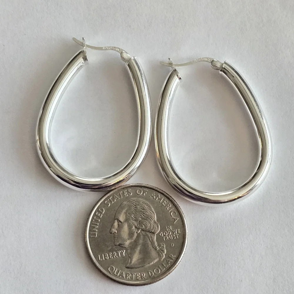 Sterling Silver hoop earrings 925 long elongated tube elegant classic - Picture 9 of 10